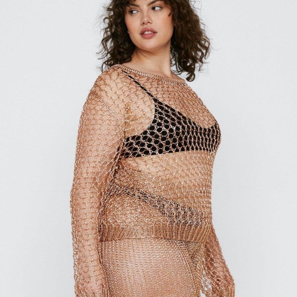 Gold Fishnet Swim Cover Up Set Top & bottoms plus size - Picture 3 of 8